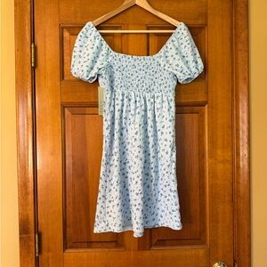 Light Blue Floral Smocked Puff-Sleeve Kids Dress